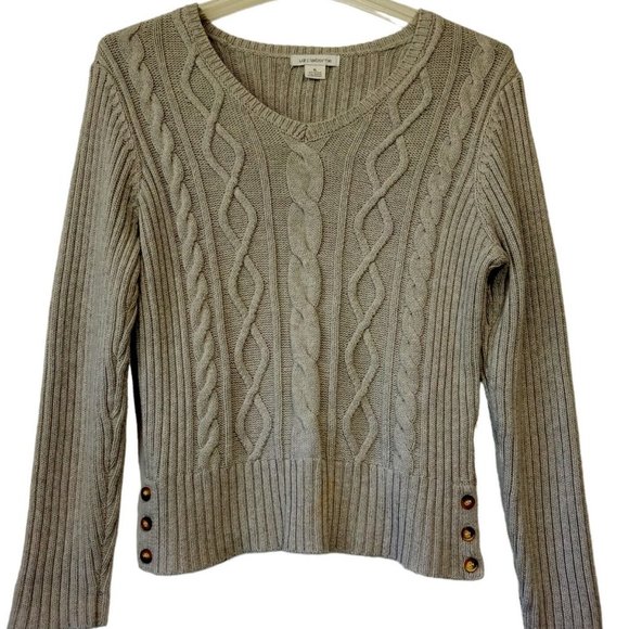 Women's Cable Knit Sweater XL Grey Liz Claiborne V-Neck Button detail EXC - Picture 1 of 9